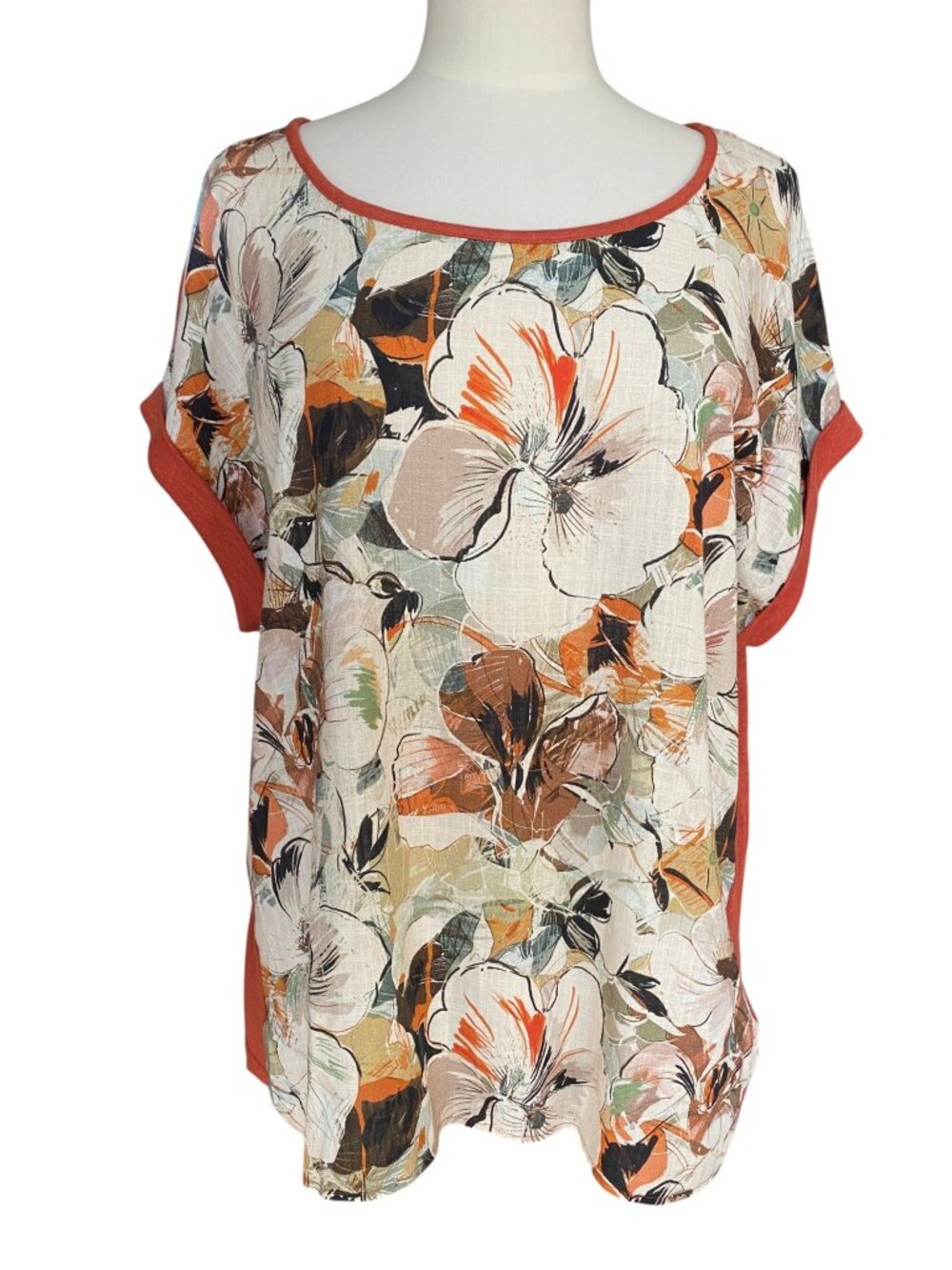 Dika Floral Mixed Media Linen Blend Top Short Sleeve Lagenlook Artsy Floral-XXL